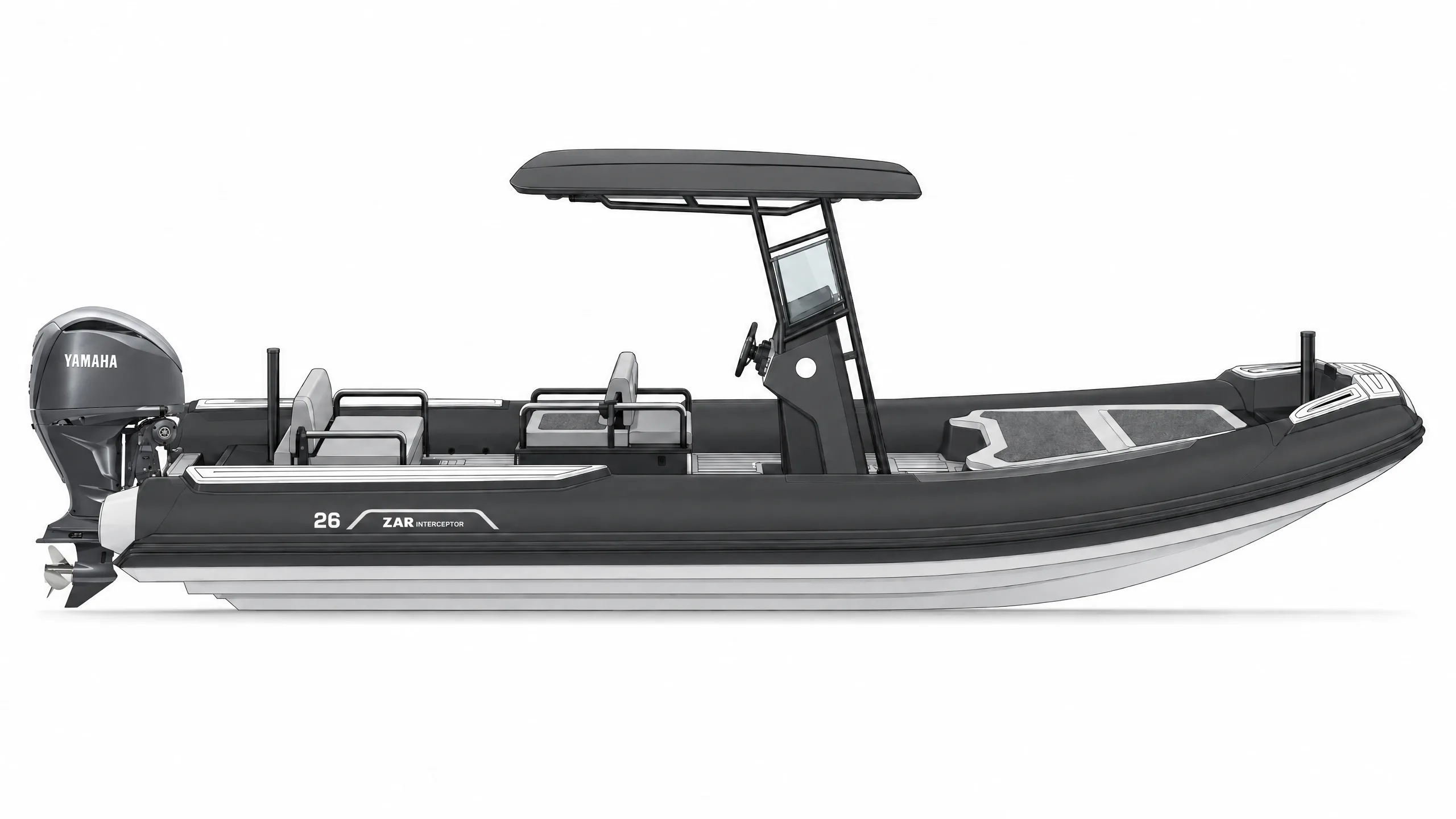 Side profile of ZAR Interceptor 26 with Yamaha outboard