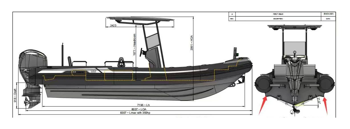 ZAR Interceptor 26 side and bow technical drawing